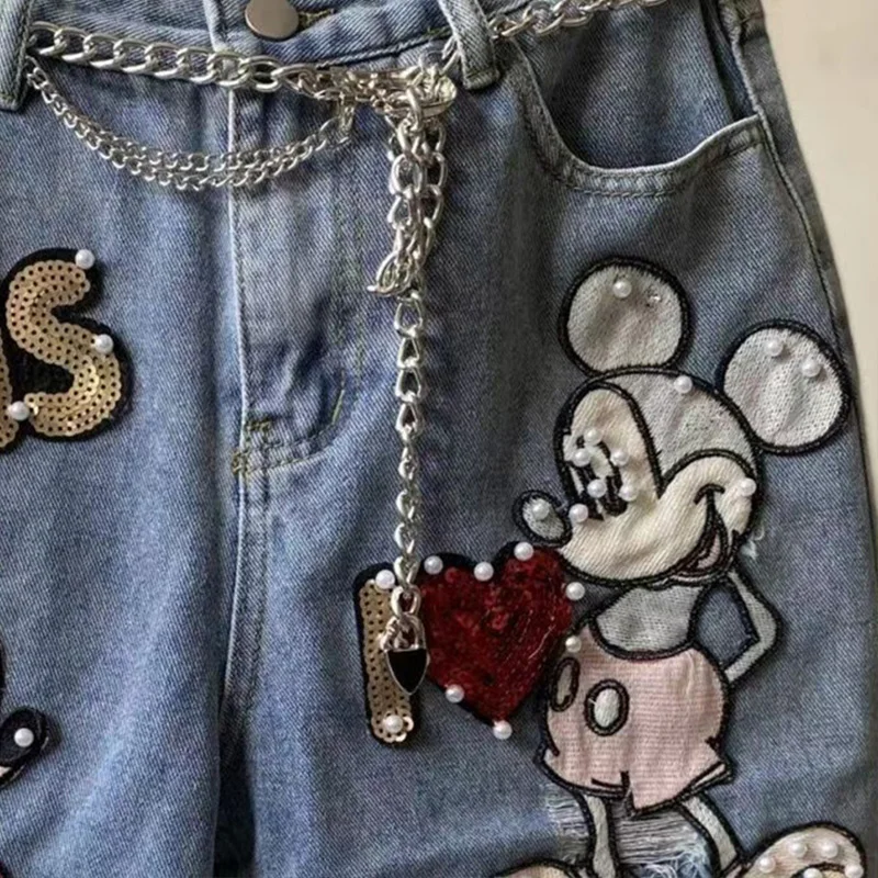 Supzoom Celana Pendek Denim Musim Panas Mickey Mouse Manik-manik Bordir Katun Fashion Atasan Musim Panas Kasual Longgar Keluaran Baru