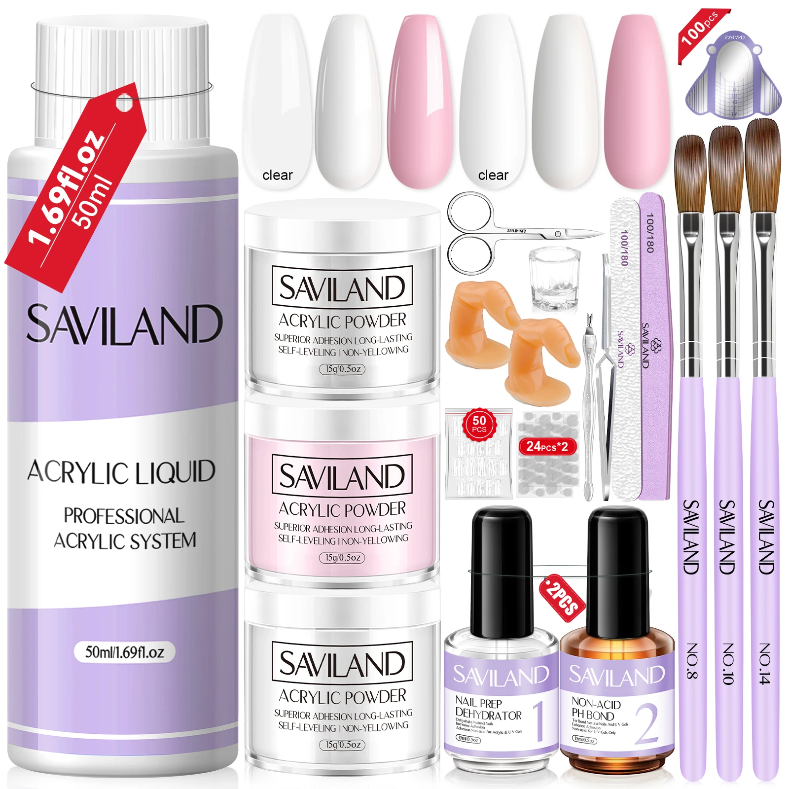 Saviland Clear White Pink Acrylic Powder and Liquid Set with Acrylic Brush Nail Dehydrator and Primer for Nail Art Home DIY