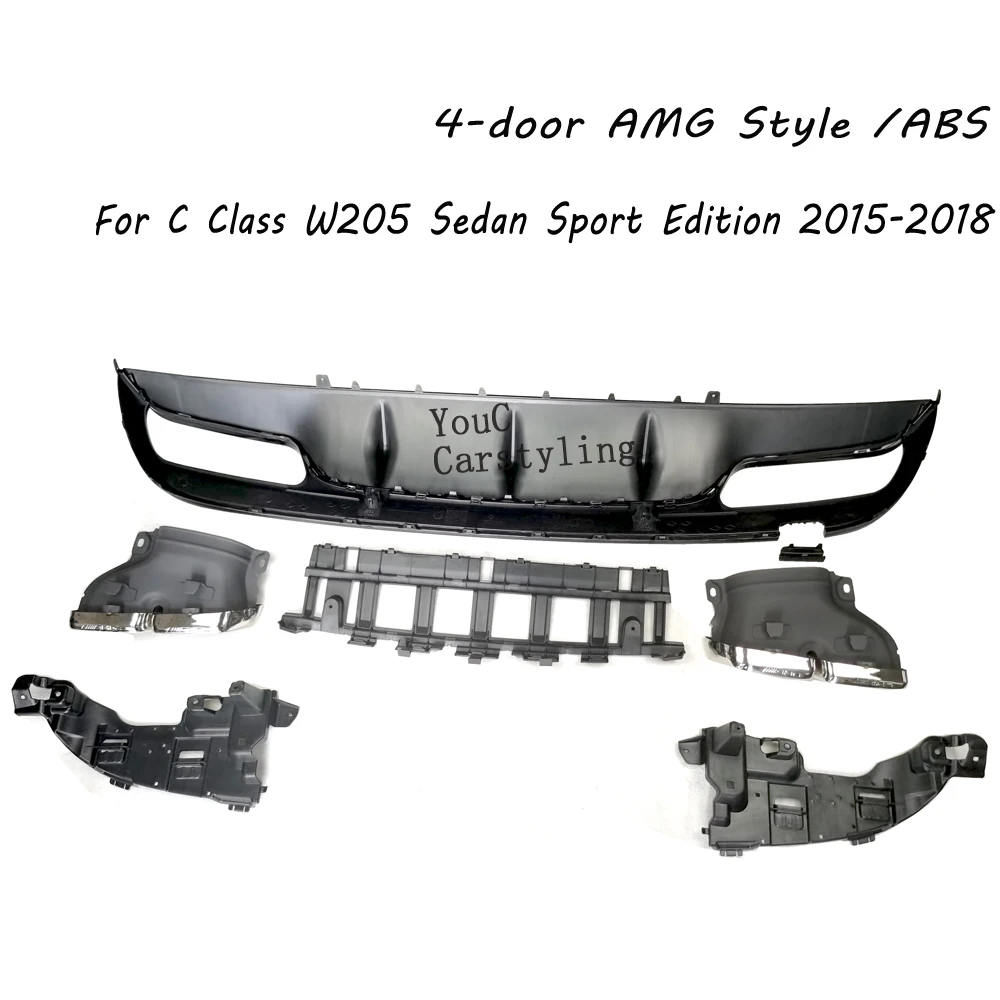 W205 AMG Style Rear Diffuser With 304 Stainless Steel 4-outlet Exhaust  For Mercedes C W205 4-Door Sport Sedan 2015-2018