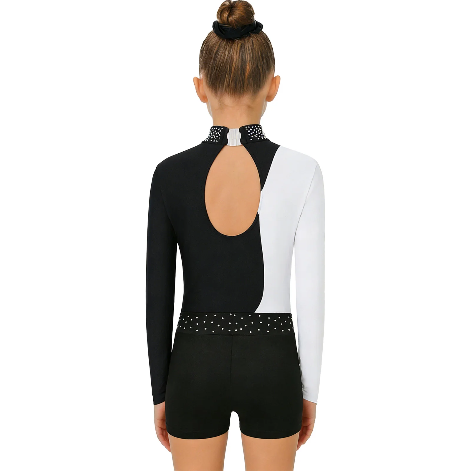 Kids Girls Gymnastics Dance Outfit Long Sleeve Rhinestones Leotard Bodysuit with Shorts Hairband Ballet Figure Skating Costumes