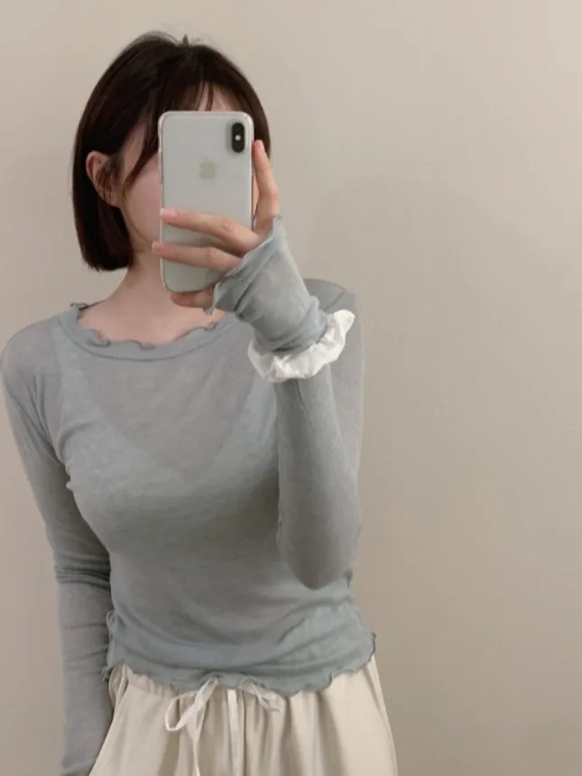 

Slim Fit Long Sve Knitted T-irt Women's Base Layer Chic Autumn Wood ain Design Sweet Sle Pure Color Summer