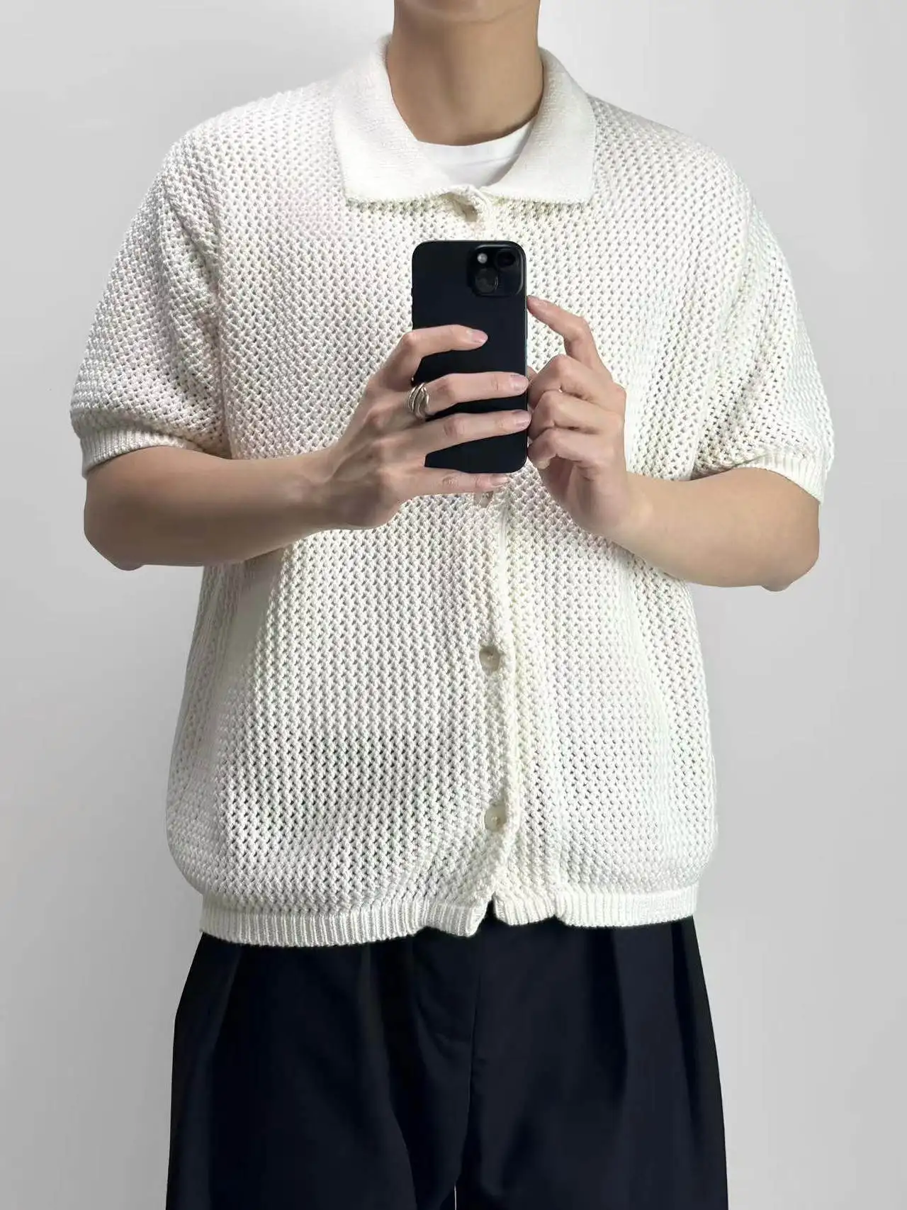 

Lightweight ort-Sve Knitted Cardigan Men's Korean Sle Hollow Design Cleanfit Loose Fit Top Summer Autumn Casual Wear