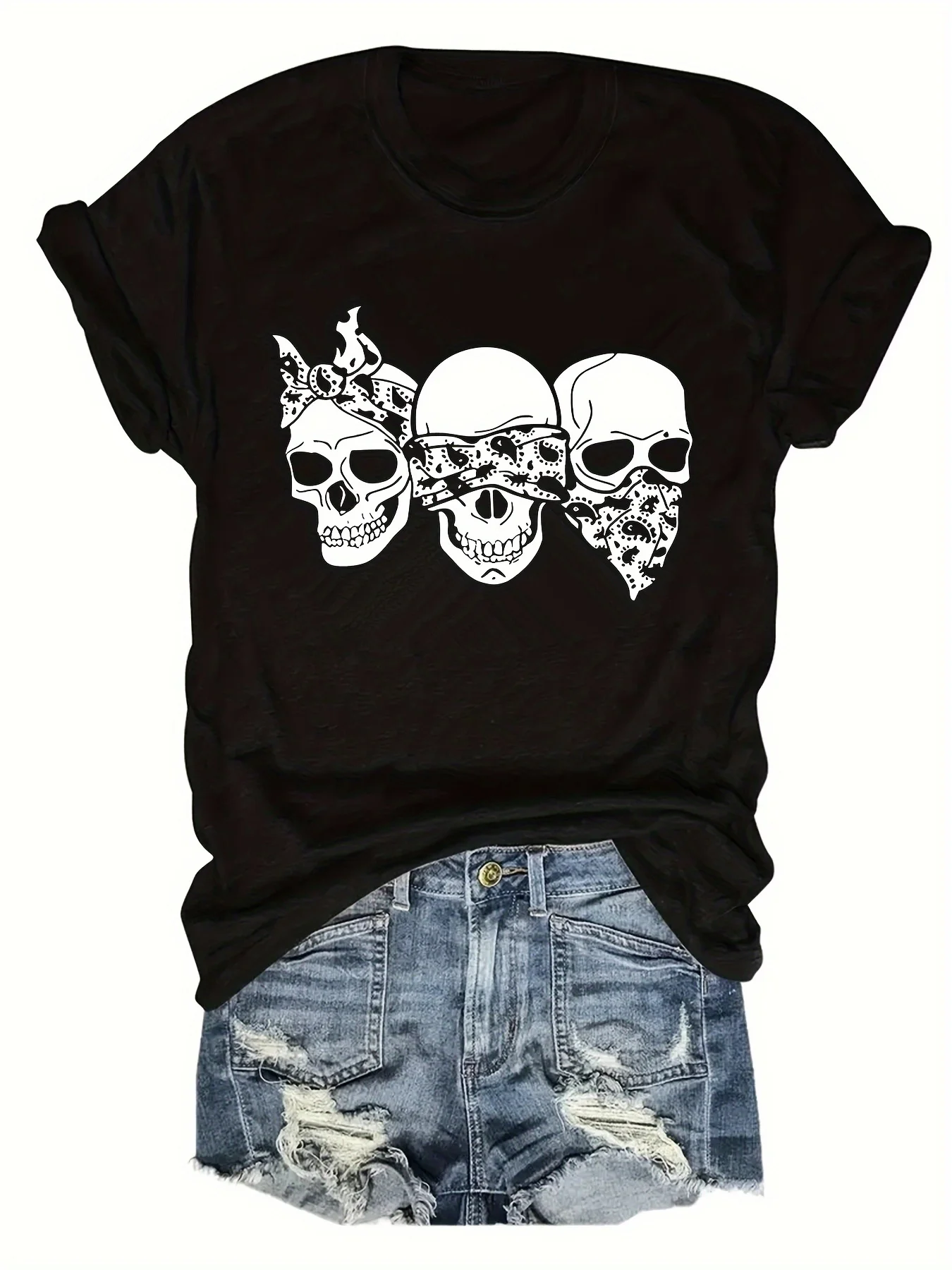 

Fashionable round Neck Short Sleeve Women's T-Shirt with Skull Head Pattern Print Casual Streetwear