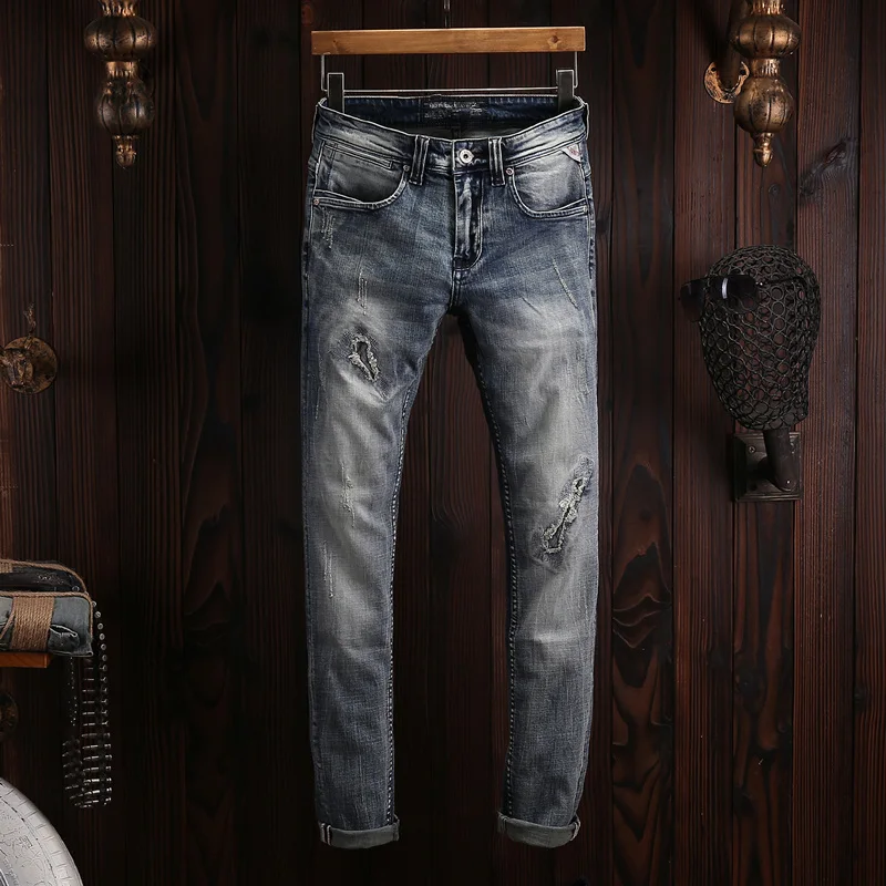 Italian Style Fashion Men Jeans High Quality Retro Washed Elastic Slim Fit Ripped Jeans Men Vintage Designer Denim Pants Hombre