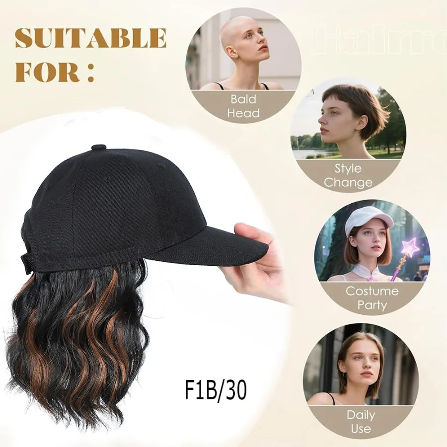 6 بوصة قصيرة موجة قبعة بيسبول الباروكات للنساء مع وصلات شعر مجعد الاصطناعية موجة شعر مستعار قابل للتعديل قبعة مع الشعر المرفقة fo