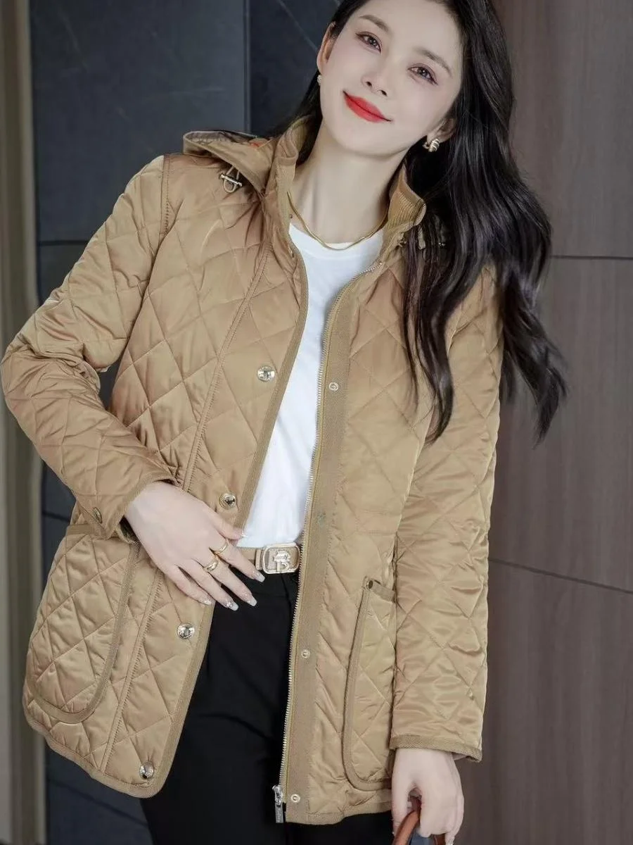 

High-End Diamond Pattern Cotton Jaet Briti Sle Commute Slim Fit Removable Hood 96% plus Cotton Long Sve Mid-Length