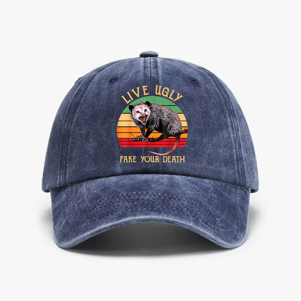 Live Ugly Fake Your Death Possum Kawaii Baseball Cap Cartoon Graphic Print Four Seasons Washed Vintage hat