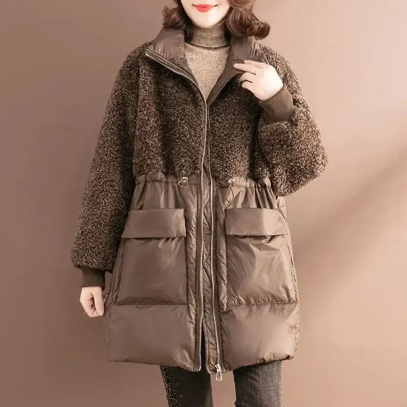 

QNPQYX Winter Cotton-Padded Jacket Women Mid-Long Outerwear Fashion Lamb Wool Overcoat Loose Oversize 4XL Keep Warm Coat Female