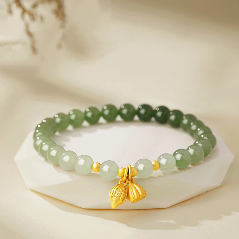 

Fashionable Lotus Seedpod Hetian Jade Hand String Women's Student Bead String Elastic Bangles Birthday Gift Jewelry