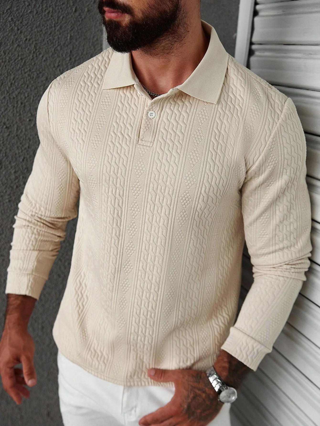 

Men's Cream Textured Knit Long Sleeve Polo Shirt for Casual Wear