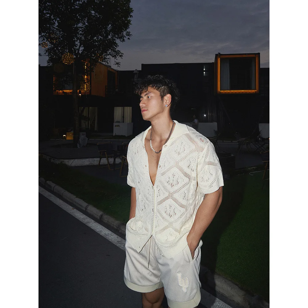 

Men's Casual Shirts Summer New Short Sleeve Knit T Shirt Casual Loose Hollow Out Original Minimalist Design Top