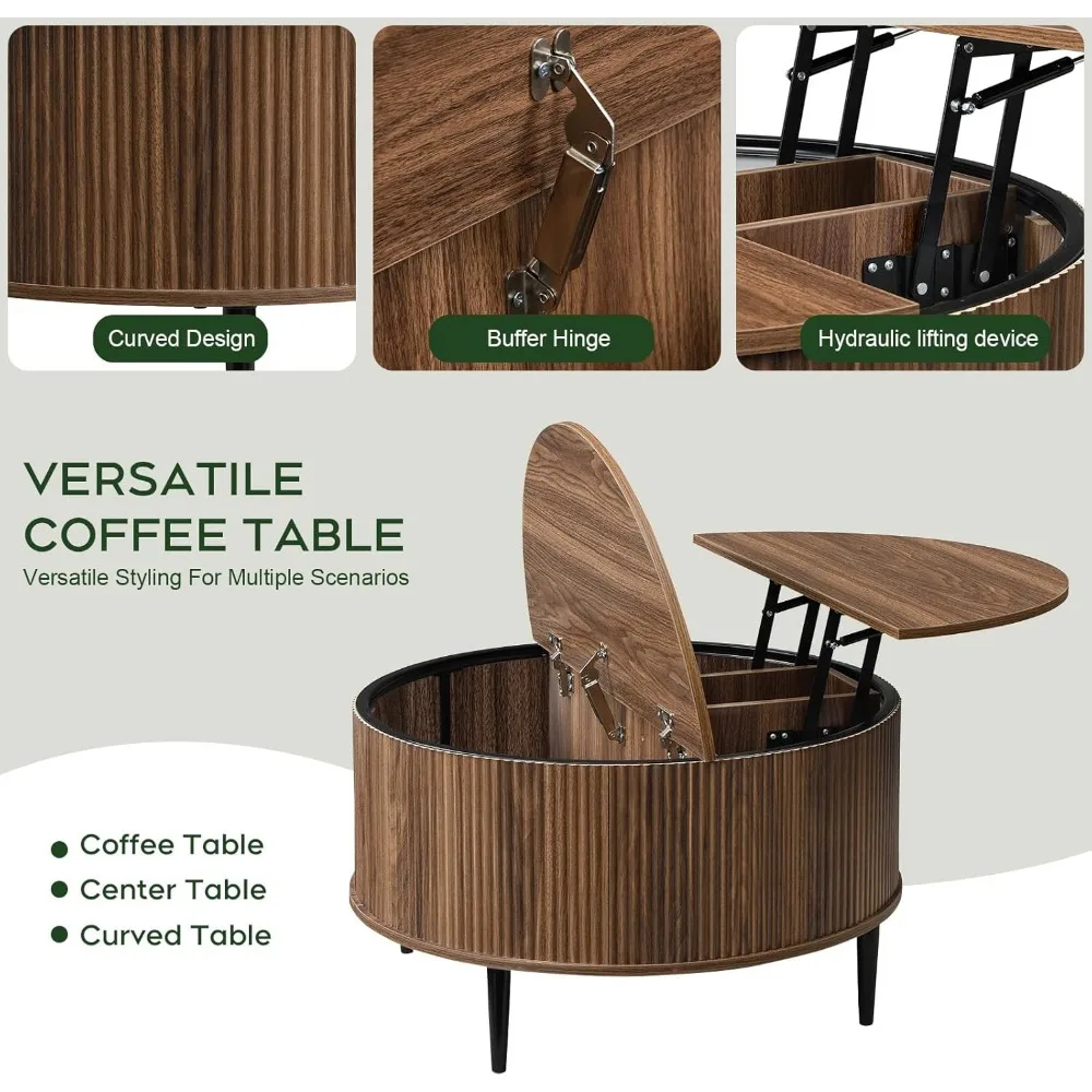 31.5インチ収納付き丸型コーヒーテーブル、溝付きリフトトップセンターテーブル、ミッドセンチュリーモダンフリップトップ曲線テーブル（リビングルーム用）
