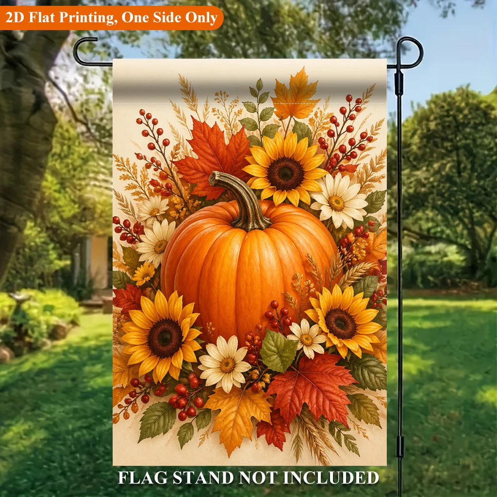 2D Flat Garden Flag 1 Piece, Pumpkin Flower Combination Art Painting Single-sided Polyester Garden Flag, Holiday Yard Outdoor Flag, Suitable for Outdoor Home and Yard Holiday Decoration, Valentine's Day, Mother's Day, St. Patrick's Day