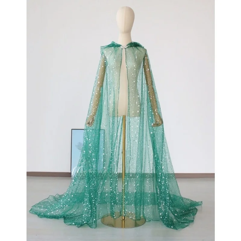 

New Starry Gold-Embossed Tulle Long Train Hooded Cloak Women's Style Wedding Dress Outerwear Lady's Cape Fashionable Stage Co...