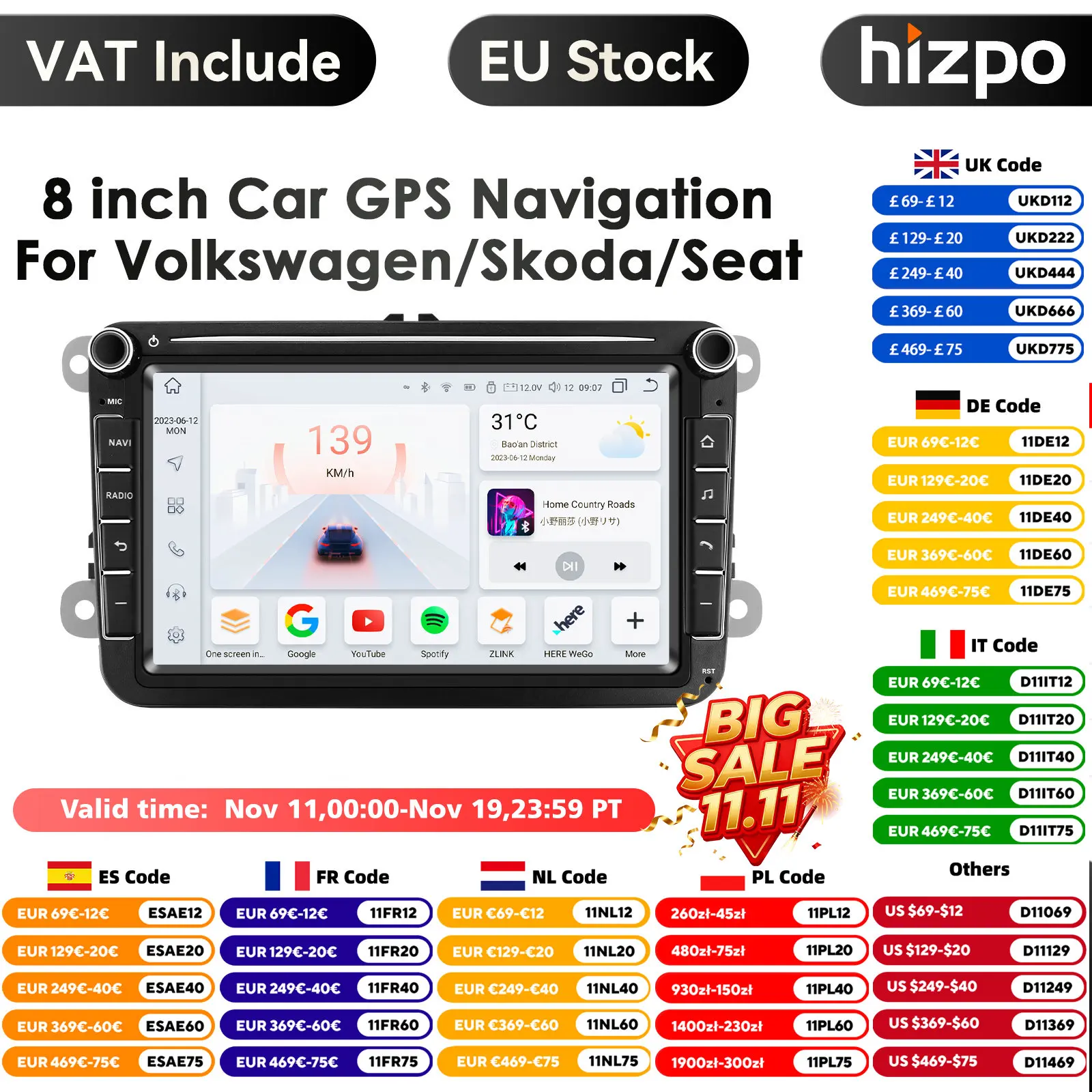 2 Din Android 14 Car Radio GPS Multimedia Player for VW Volkswagen Golf Passat B7 B6 Skoda Seat Octavia Polo Tiguan Nav RDS WIFI
