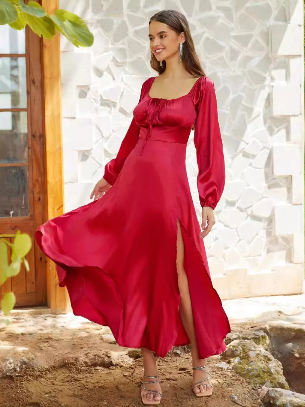 

Сексуальное женское атласное платье с длинными рукавами, бантом на плече, завышенной талией, А-образной юбкой, рукавами-фонариками, на молнии, на все сезоны