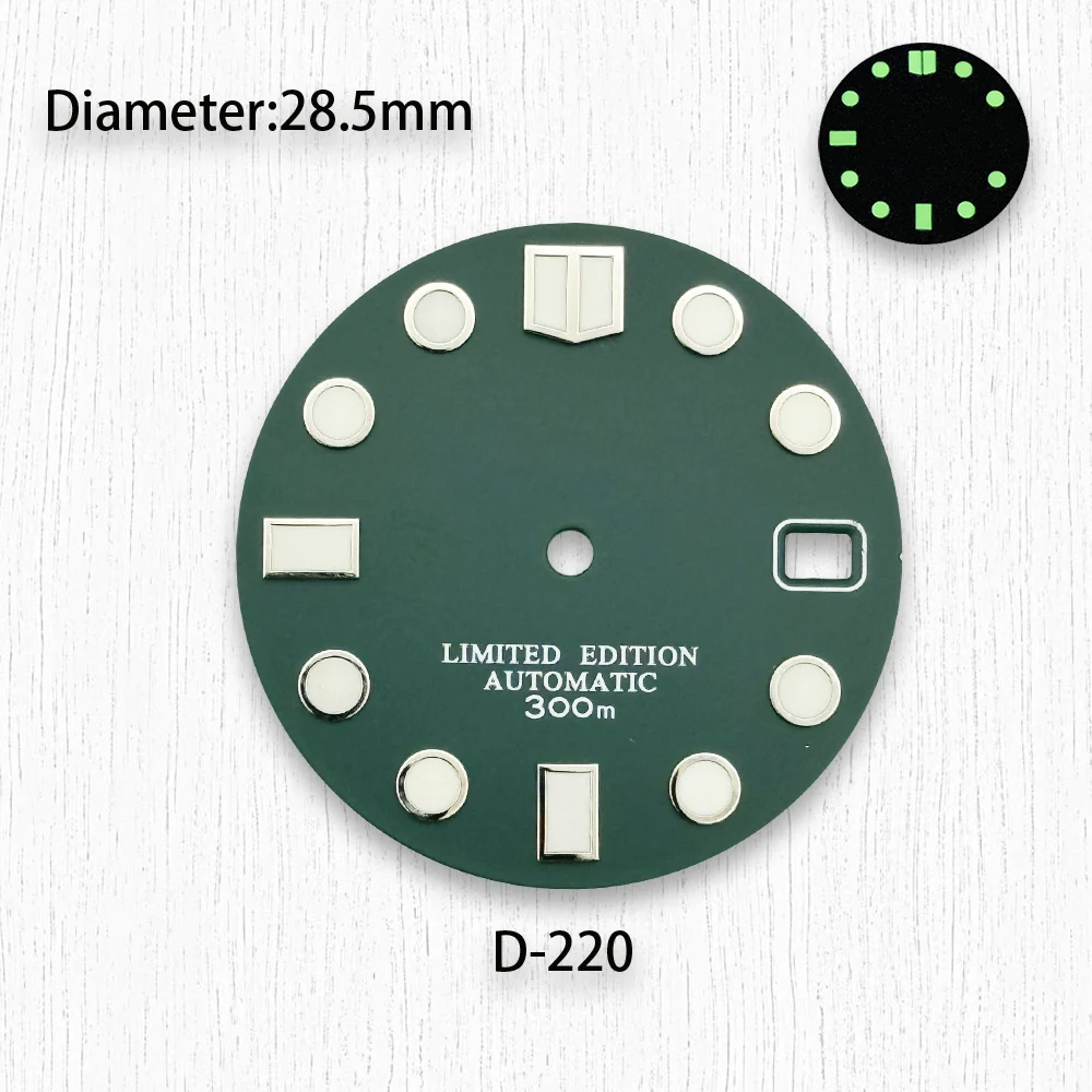 Mostrador luminoso verde para relógio, acessórios, alta qualidade, NH35, NH36 movimento, 28,5mm