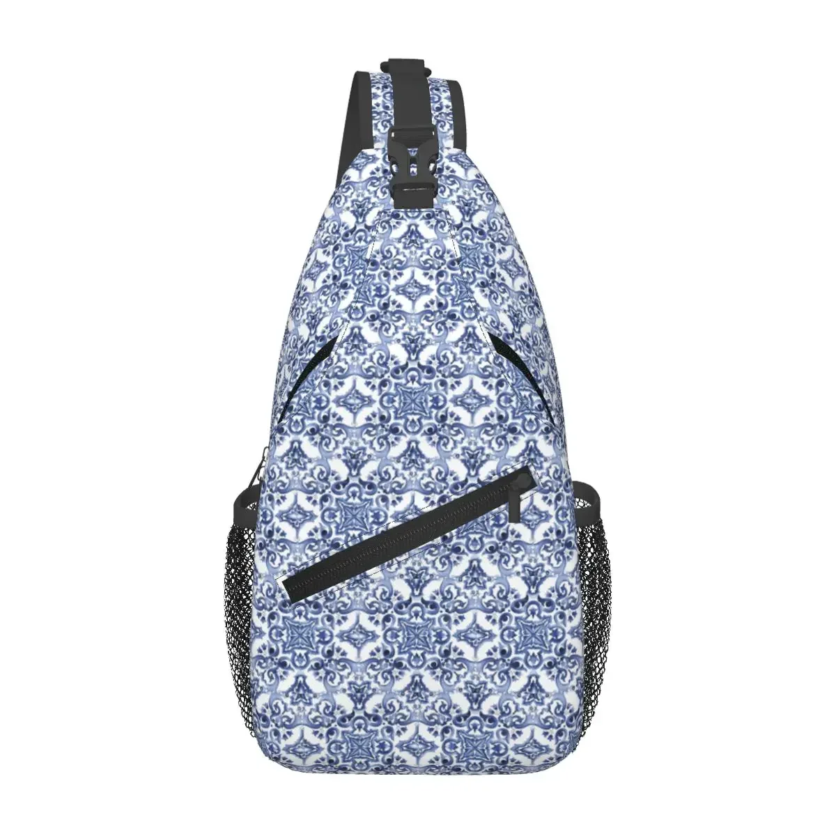 

Blue Ornate Floral Mediterranean Sicilian Tile Chest Bag Men Sling Crossbody Backpack Chest Bag Hiking Daypack Shoulder Bag