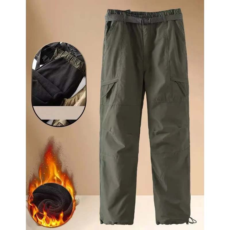 Outdoor Hiking Thickened Fleece Pants Men Fashion Windproof Straight Leg Trousers Male Wear-resistant Work Trousers