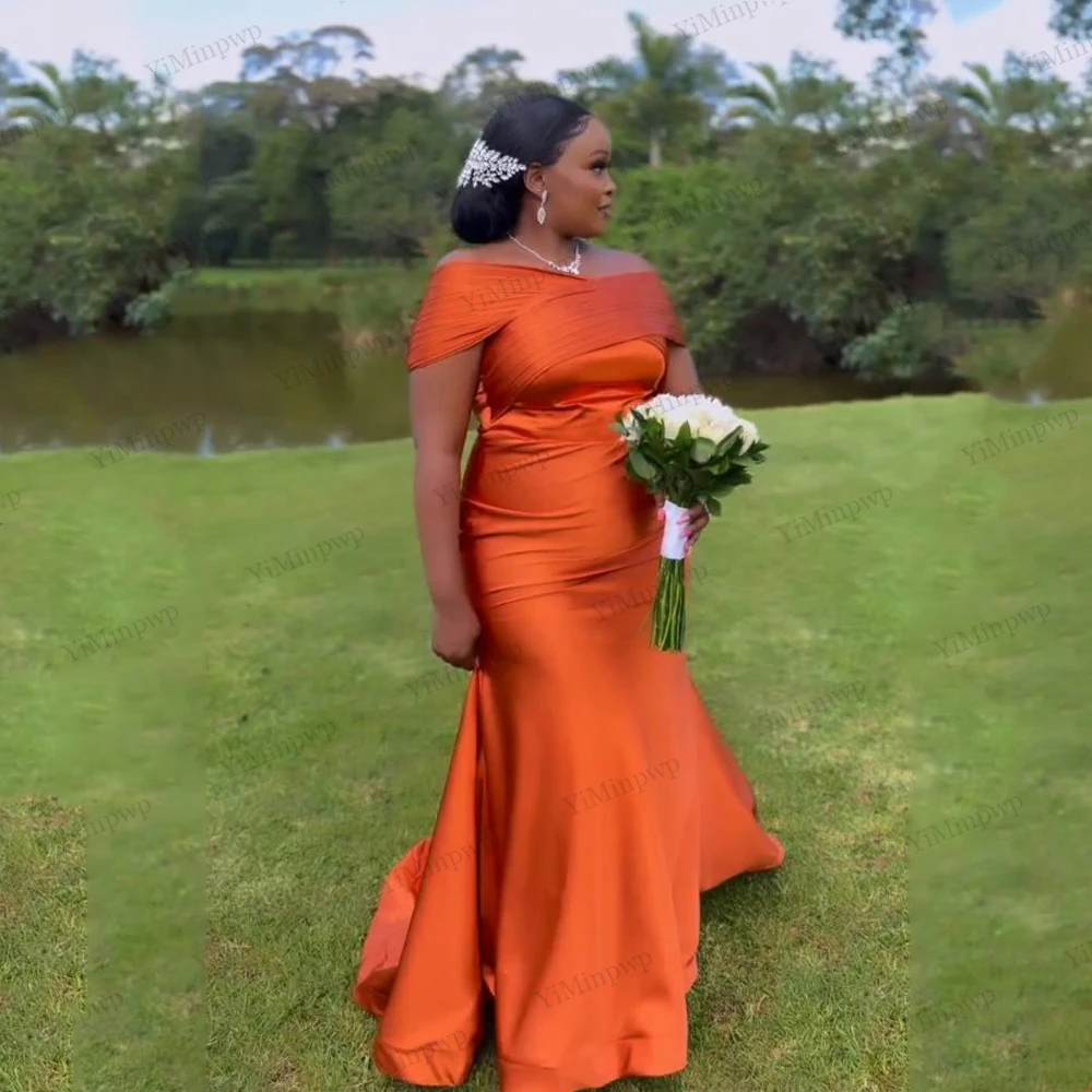 

Customized Orange Bridesmaid Dresses Off Shoulder Satin Vestido De Fiesta Lujo Aso Ebi Women's Formal Evening Dresses Long