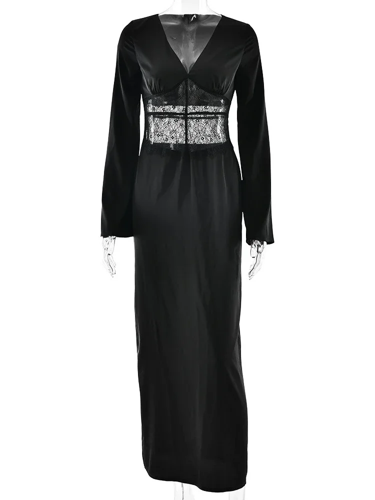 Chaxiaoa Abito lungo sexy a maniche lunghe con scollo a V Abito da donna Elegante abito da festa in pizzo trasparente patchwork a vita alta aderente con spacco