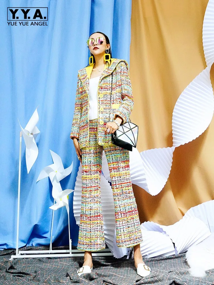 

Fashion Women Navy Collar Colorful Plaid Coat Outfits Single Breasted Jacket Sets Elastic Waist Long Flared Pants Matching Set