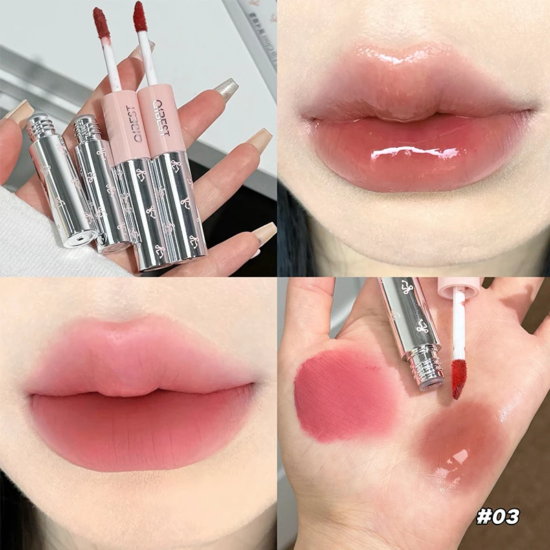 QIBEST Doppelkopf-Lipgloss, matt, samtig, sexy roter Farbton, flüssiger Lippenstift, wasserdichter Lipgloss, dauerhafte Lippenglasur, koreanische Kosmetik