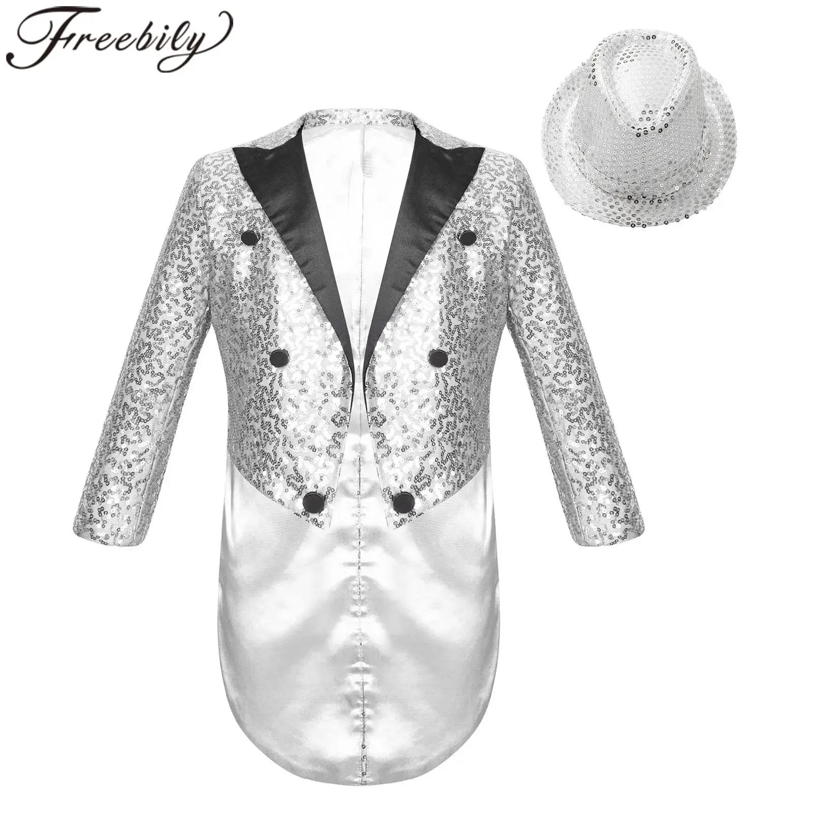

Children Sequin Tailcoat with Sequined Hat Magic Show Tap Jazz Dance Costumes Kids Boys Stage Performance Outfit Teens Blazer