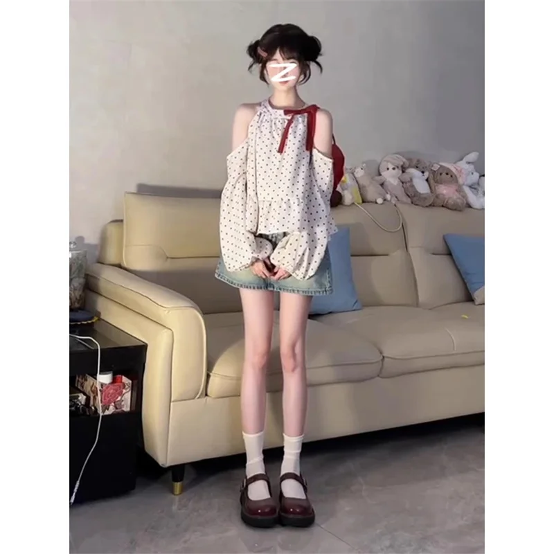 2025년 봄 여성용 스윗 폴카 도트 긴팔 디자인 센스 나비넥타이 셔츠 와이드 트러플 숄더 의류 WF