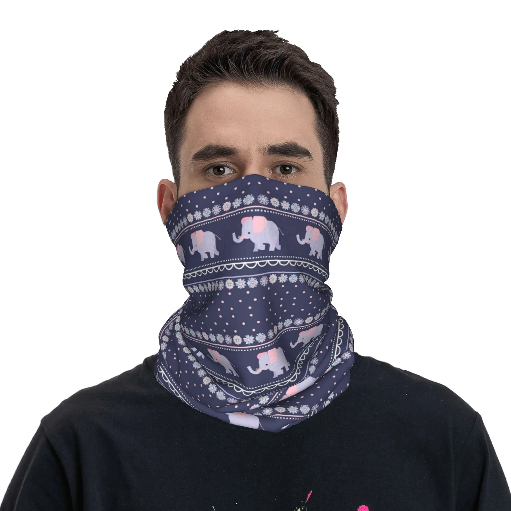 Exotic Asian Elephant Floral Ornament Boho Ethnic Bandana Neck Gaiter Printed Wrap Scarf Balaclava Hiking Fishing for Adult