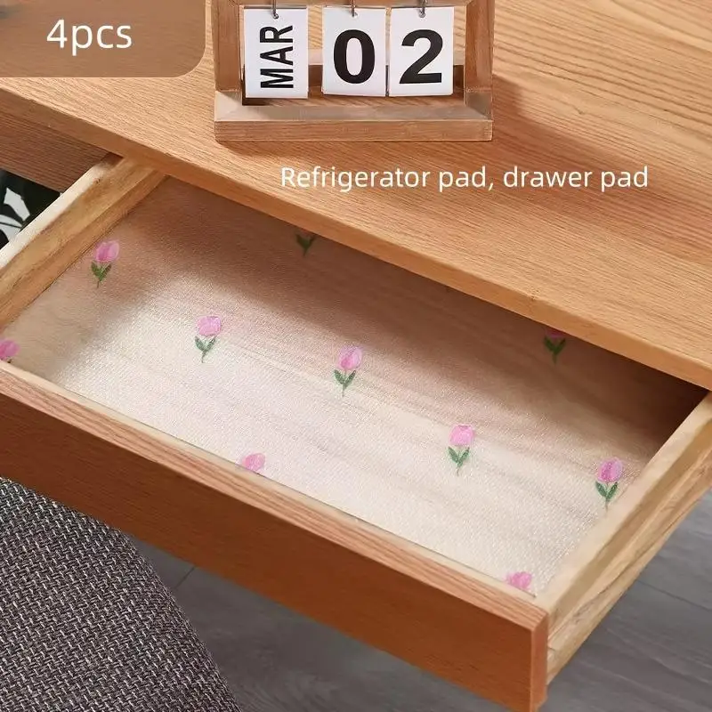 4Pcs Anti-Slip Drawer Liner With Tulip Pattern Waterproof EVA Fridge Pad Anti-oil Kitchen Placemat