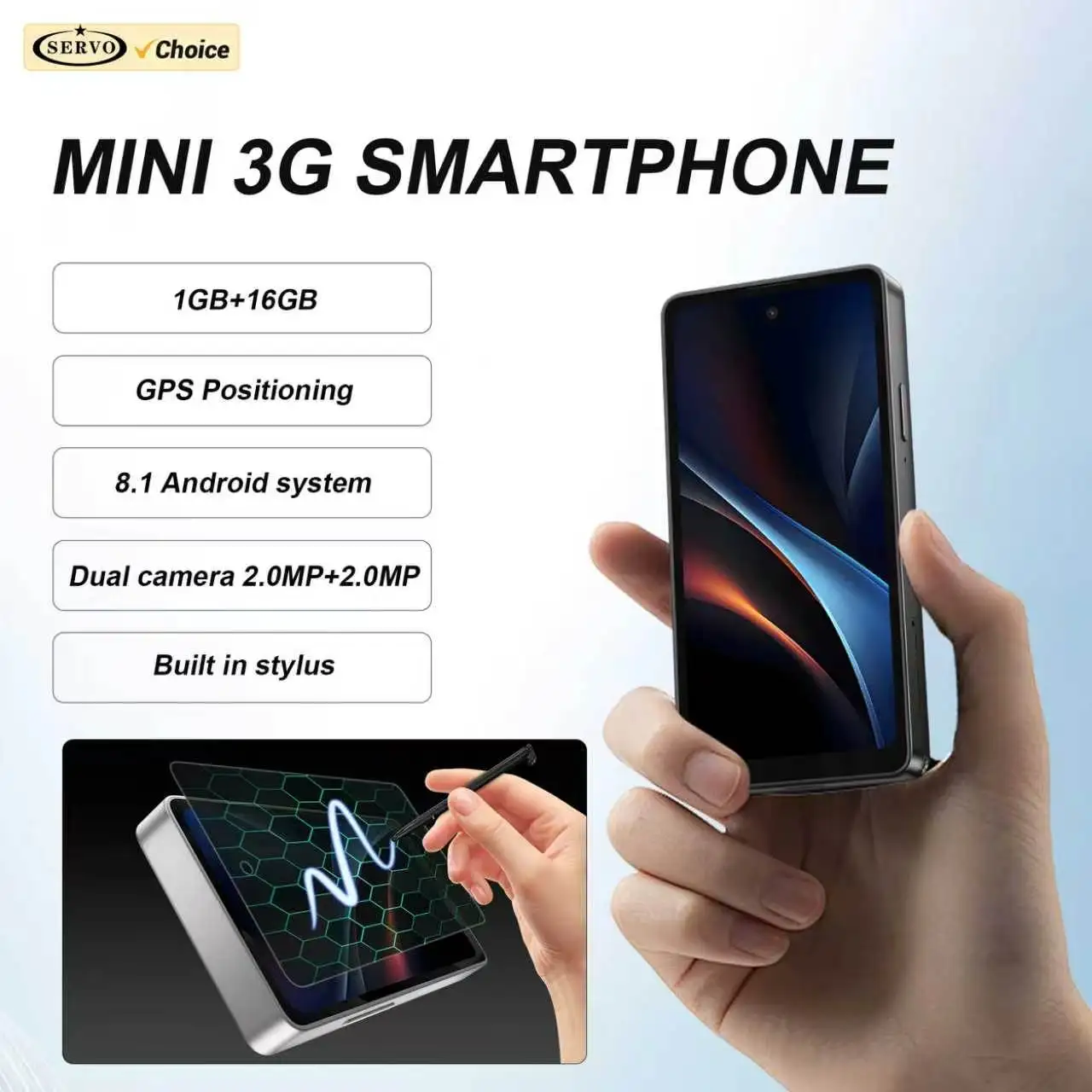 SERVO Mini Android Smartphone with Stylus Dual SIM 3G WCDMA WhatsAPP Google Play Face Unlock WiFi 4.0