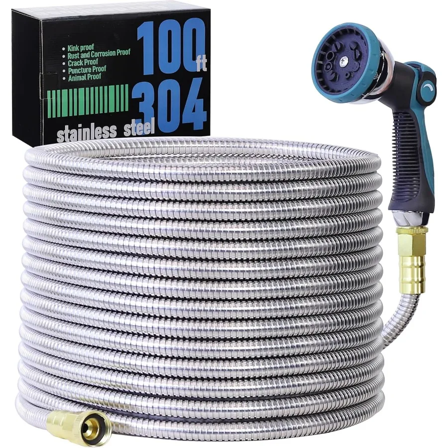 

100FT Garden Hose 304 Stainless Steel Water Hose Flexible with a 10Mode Nozzle Sprayer No Kink Lightweight Puncture Proof Ideal