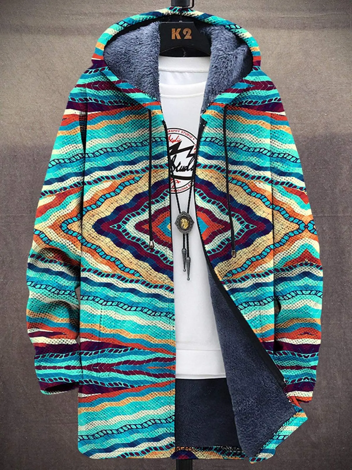 Retro Colorful Irregular Print Unisex Plush Thick Long-Sleeved Sweater Cardigan Coat Men's Thick Warm Jacket