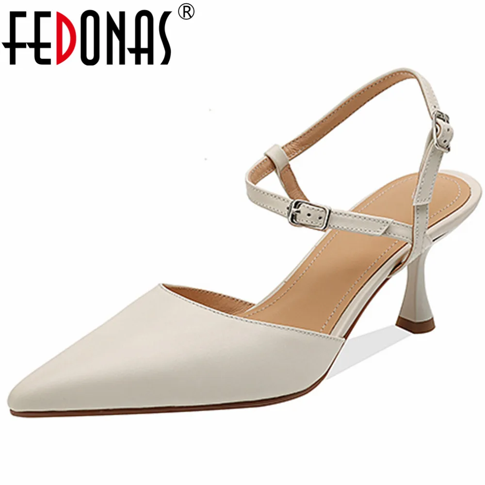 FEDONAS Women Genuine Leather Sandals Sexy Pointed Toe Ankle Strap Party Shoes Closed Toe Summer Prom Wedding Shoes Woman Pumps