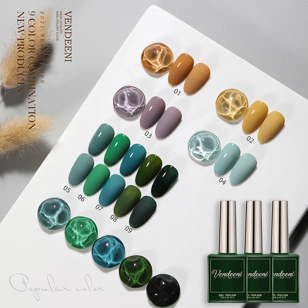 Vendeeni 9 Colors/set Green Series Gel Nail Polish UV LED Soak Off Autumn Pure Color Nail Art Gel Lacquer Salon Manicure Varnish