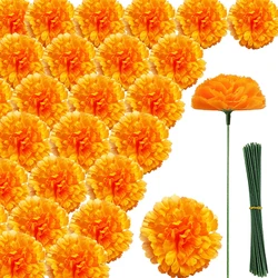 YeeNanee 60pcs Artificial Marigold Flower Heads with Stem Silk Orange Marigolds for Dia De Los Muertos Decor DIY Day of The Dead