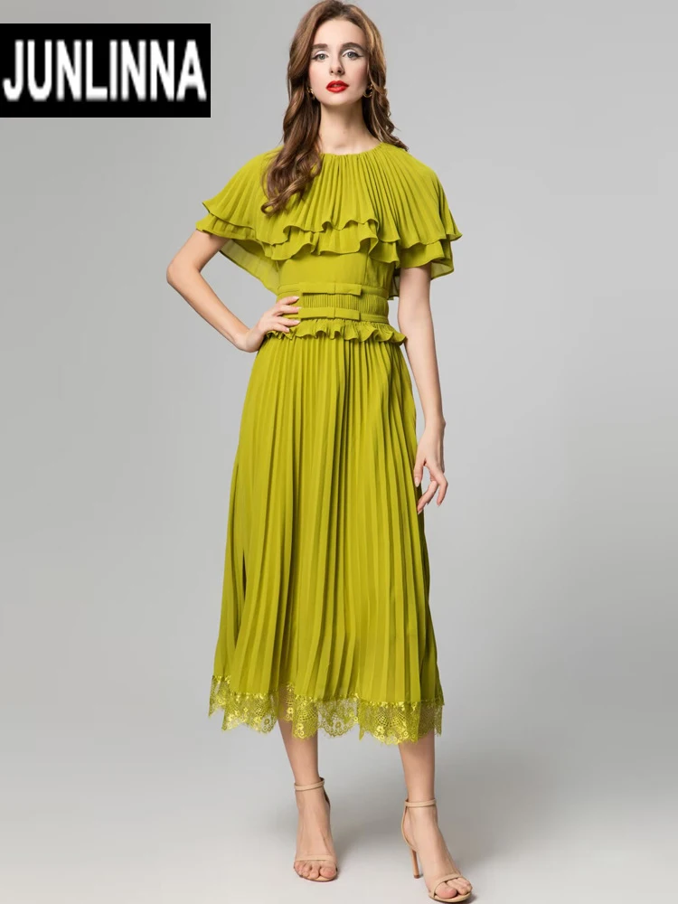 

JUNLINNA Fashion Women Runway Dress Summer Solid Colour Cloak Sleeve Ruffles Elegant Pleated Vestidos Party Holiday Lady