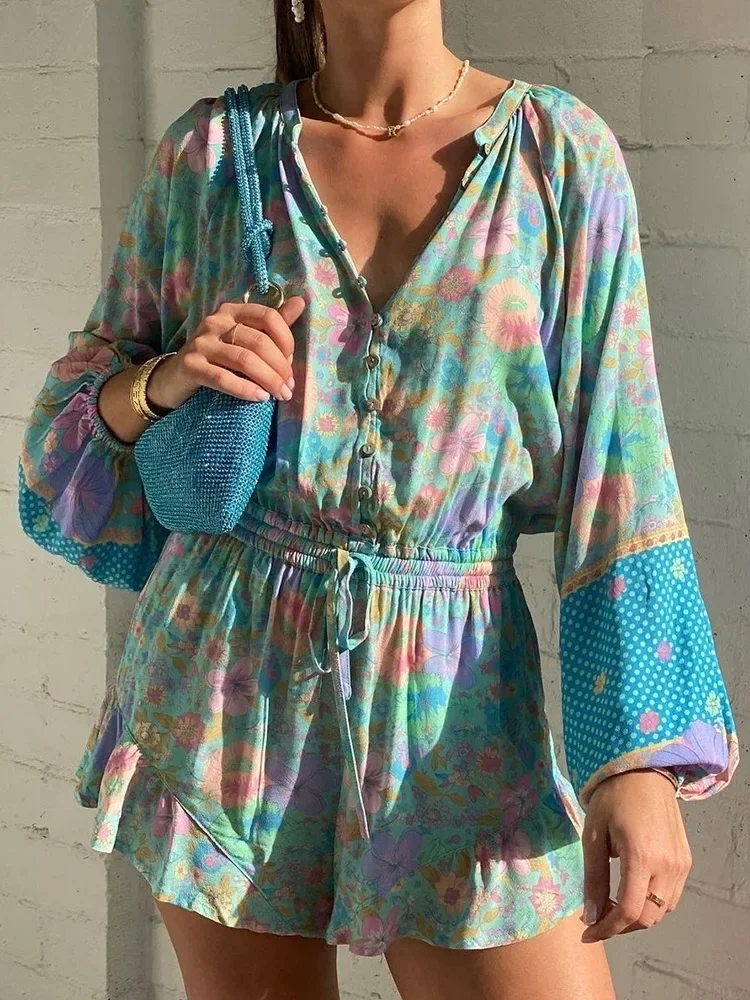 

Long Sleeve Spring Summer Short Jumpsuit Women Printed Bohemian Wide Leg Playsuit Female Romper Ruffles Rayon Boho Overalls 2024