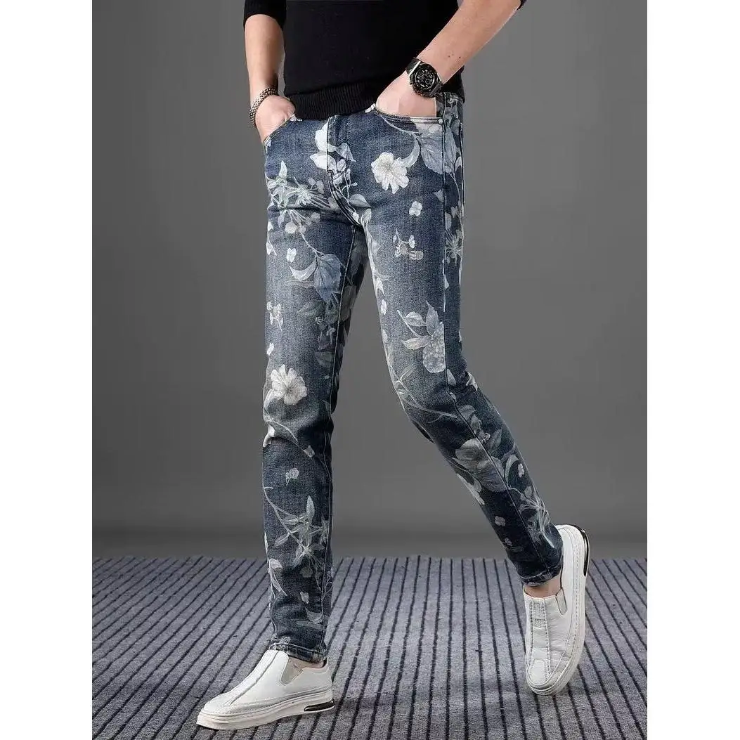 Trendy Printed Stretchy Blue Jeans Men's Slim Fit Street Style Spring Autumn New Model Elastic Waist Long Pants