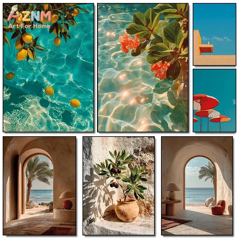 AZNM Mediterranean Summer Canvas Wall Art Turquoise Water Lemon Archway Beach Boho Tropical Landscape Art Print Home Decor Poste