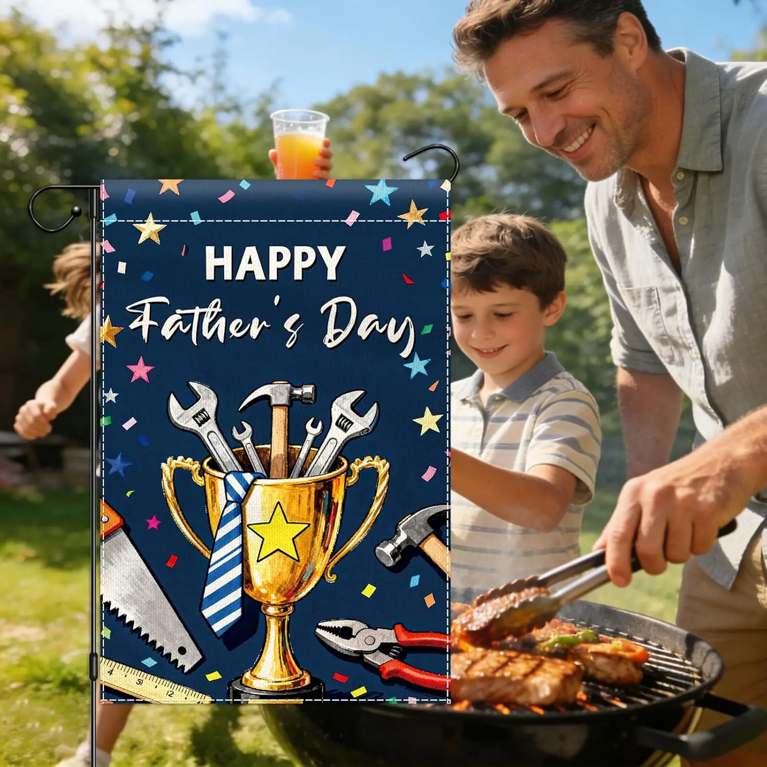 Happy Father's Day Garden Flag 12x18 Inch Double Sided, Welcome Tool Trophy Dad Day Yard Flag for Outside, Small Burlap  ZZM