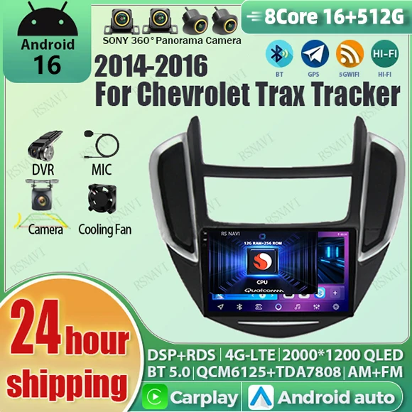 Radio para Auto con Android 16, Carplay, Pantalla QLED 2K Qualcomm, Reproductor para Chevrolet Trax Tracker 2014-2016, GPS, Estéreo, Wifi, Multimedia