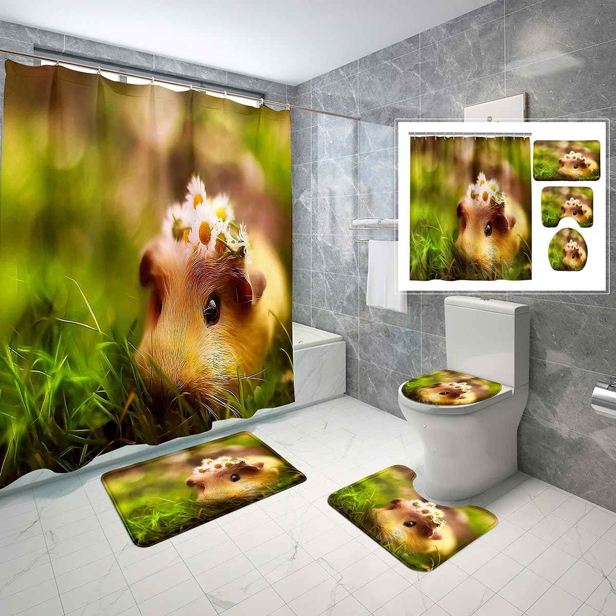 

4 шт., наборы занавесок для душа с морской свинкой, милый нескользящий коврик для ванной с изображением животных на тему домашних животных, чехол для унитаза, водонепроницаемый набор занавесок для душа