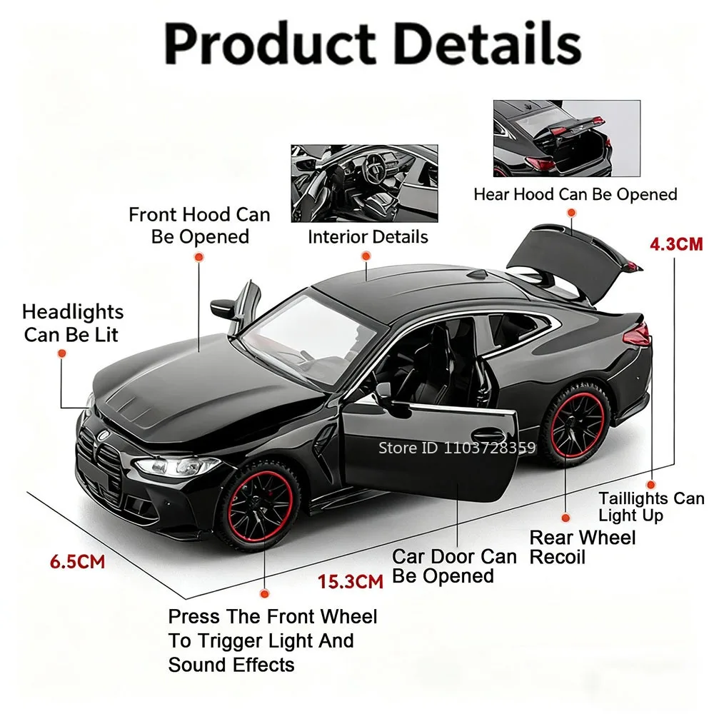 Modelo de coche de simulación 1:32 M4 320I, juguetes de Metal fundido a presión, puertas abiertas, luz de sonido, neumáticos de goma, vehículos ornamentales para niños