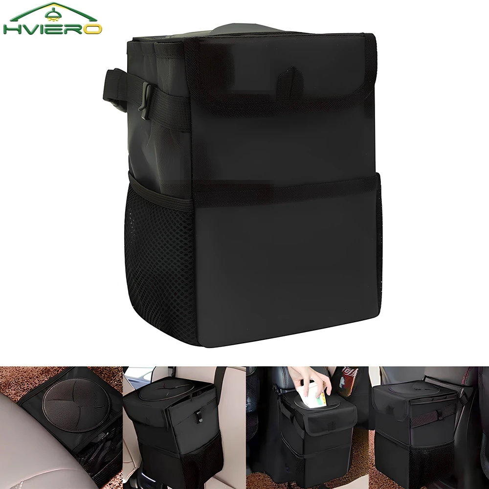 Trash Can with Lid and Storage Pockets 100% Leak Proof Organizer Waterproof Garbage Multipurpose Bin Black Load Dustbin for Car