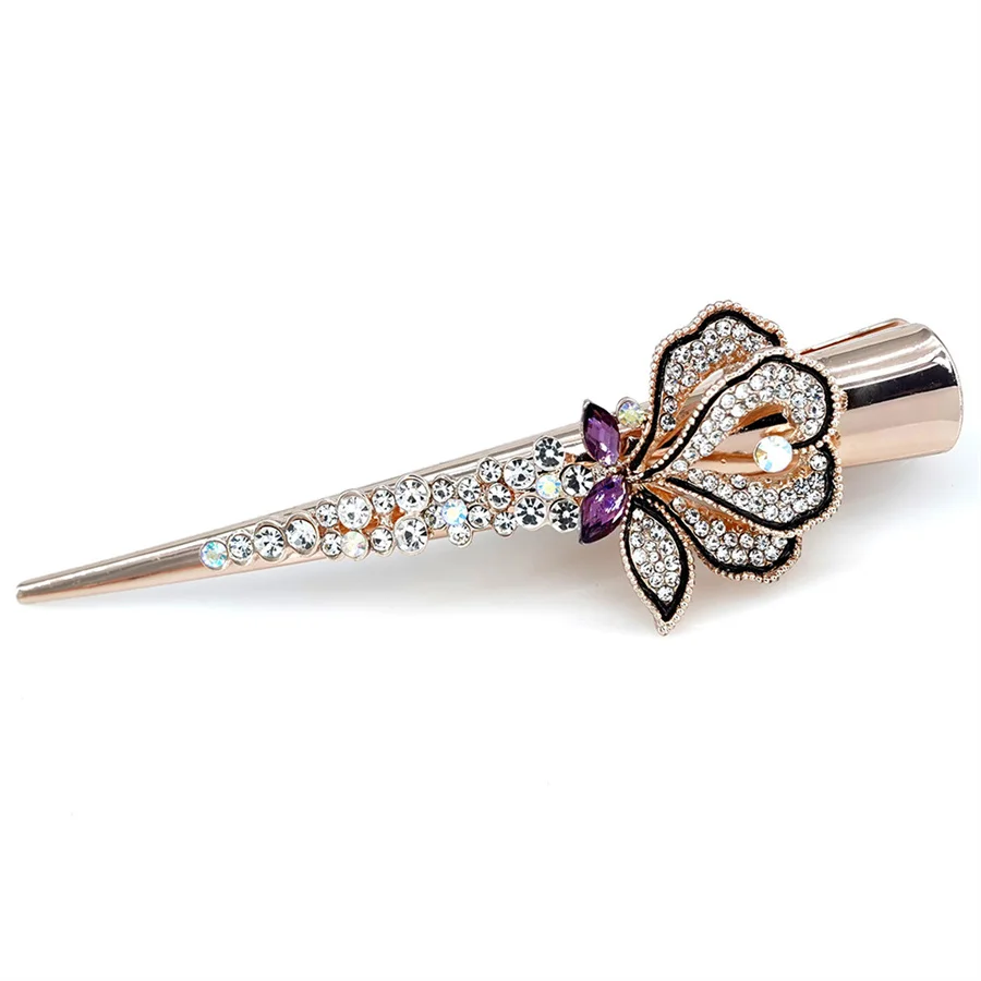 2023 new Korean style rose flower hairpin crystal zircon duckbill clip hairpin delicate ponytail alloy mother hairpin headdress