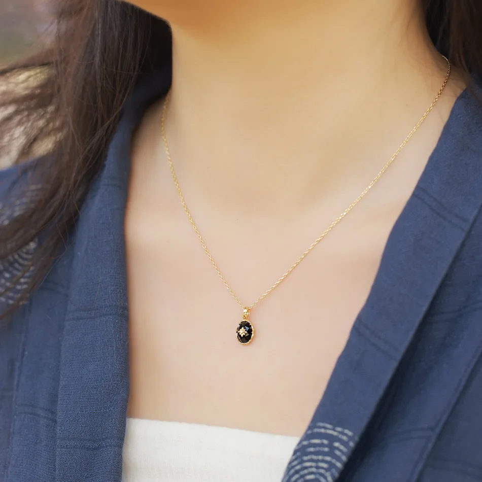 WES 925 فضة خمر الأحجار الكريمة قلادة قلادة للمرأة العقيق الأسود الطبيعي 6*8 مللي متر هدية الزفاف مطلية بالذهب بالجملة #3