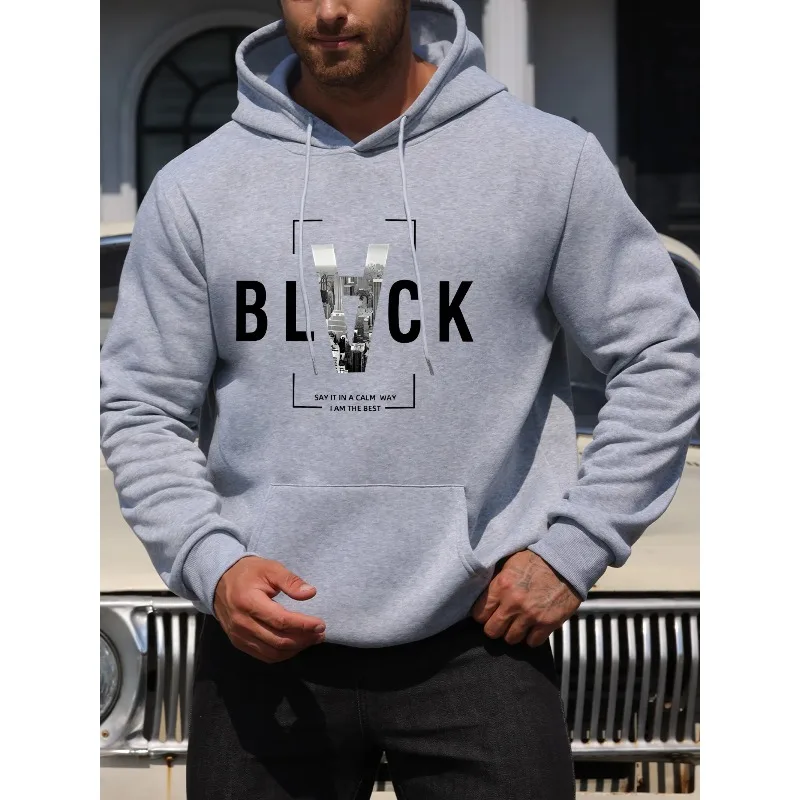 Men's New StyleBlackCalmLetterPrint Casual Hooded Sweatshirt Fashion Drawstring Hooded Comfortable Versatile Long-Sleeved Hooded