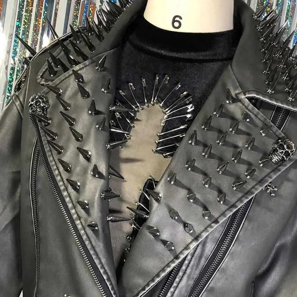 

Куртка из искусственной кожи в стиле хип-хоп Y2K с заклепками и цепями, готическая, DIY, гранж, эмо, панк-рок, кавайи, для подростков, ручная работа, в стиле Харадзюку, 90-е годы